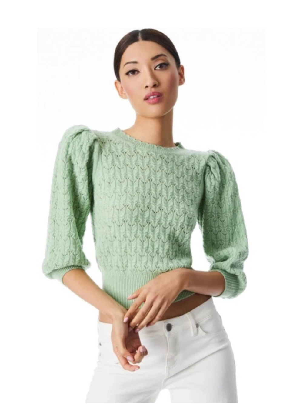 Tags Alice + Olivia Doris Puff Sleeve Cashmere Pullover Sweater XS Green